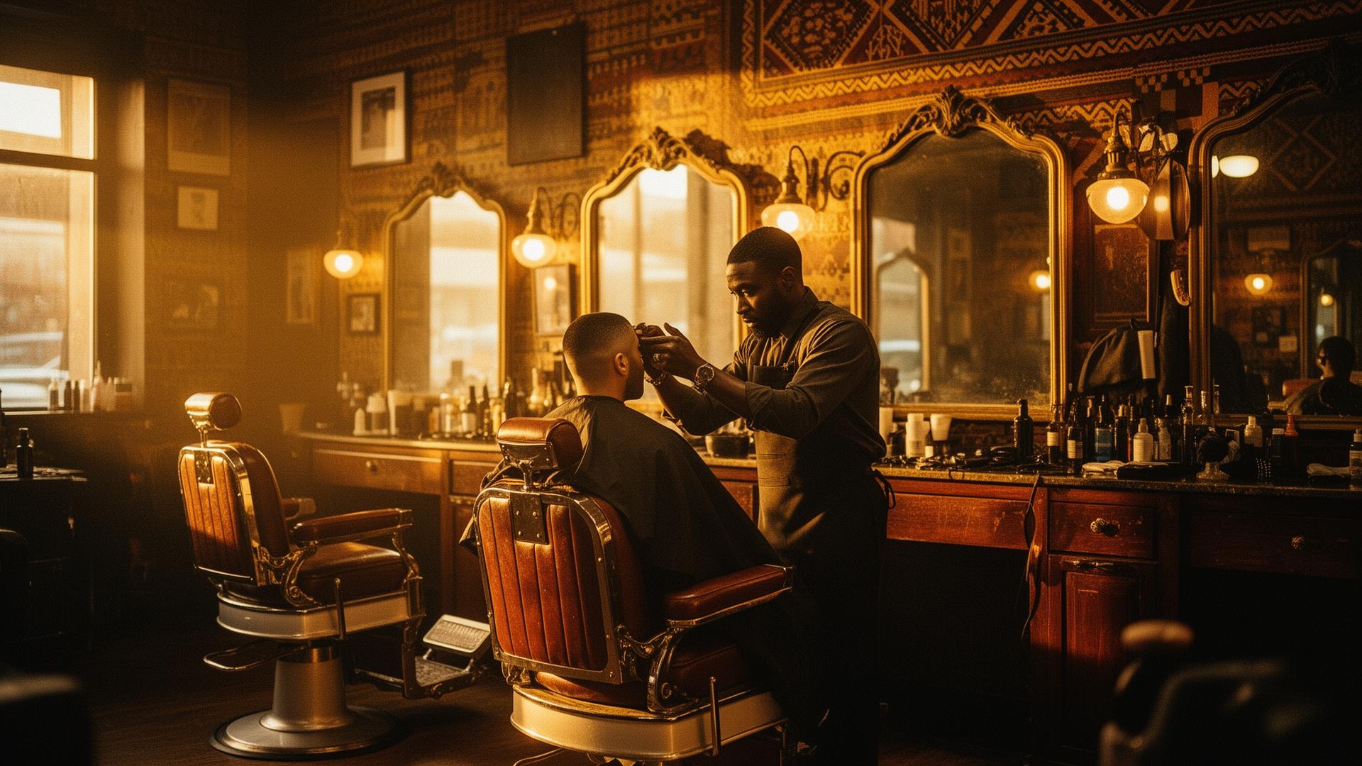 Inside Dred African Barbershop in the Bronx with warm gold lighting